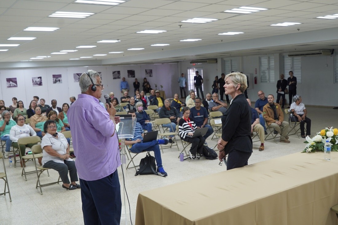Secretary, U.S. Department of Energy. Jennifer M. Granholm standing in front of crowd in large classroom.