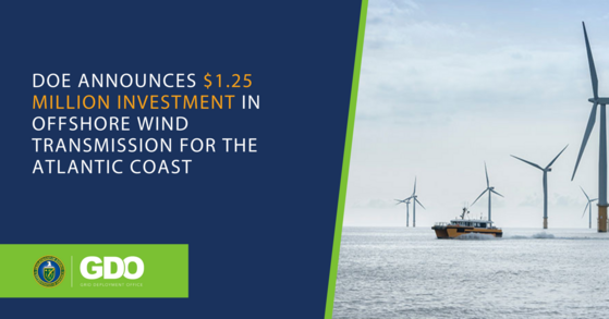 Boat traveling by offshore-wind turbines on the Atlantic Ocean. DOE announces $1.25 million Investment in Offshore Wind Transmission.
