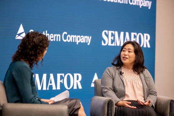 GDO Director Maria Robinson sitting in a chair speaking with SEMAFOR representative.