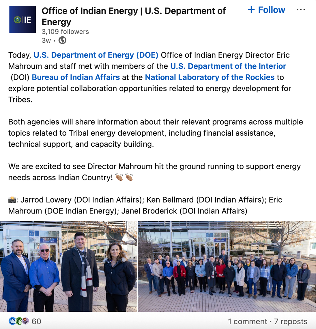 Office of Indian Energy LinkedIn social media post