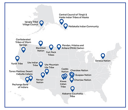US map with pins to denote Tribal locations