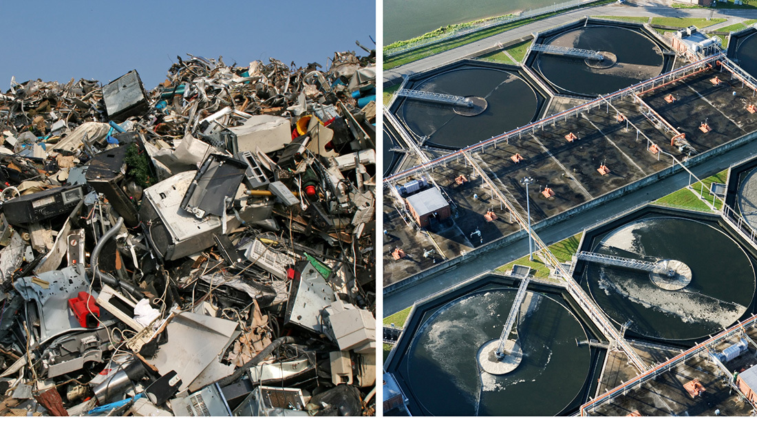 Waste materials on left and waste management facility on right