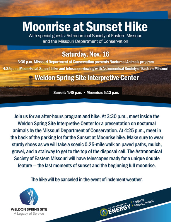 Weldon Spring Site Moonrise at Sunset Hike
