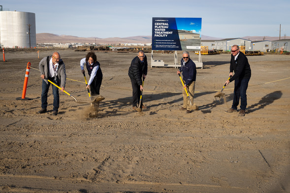 Hanford leaders participate in a groundbreaking ceremony celebrating the start of construction on the Central Plateau Water Treatment Facility.