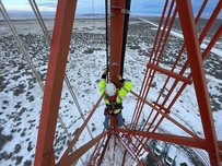 Hanford Mission Integration Solutions field worker installs cables and antennas on Hanford's 405-foot meteorological tower.