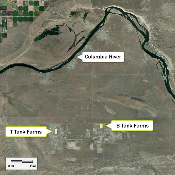 Aerial map showing location of B and T tank farms on the Hanford Site.