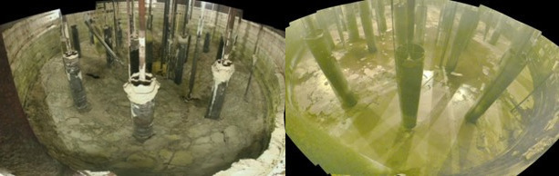 Photos of inside single-shell Tank AX-101 before workers started removing radioactive and chemical waste.