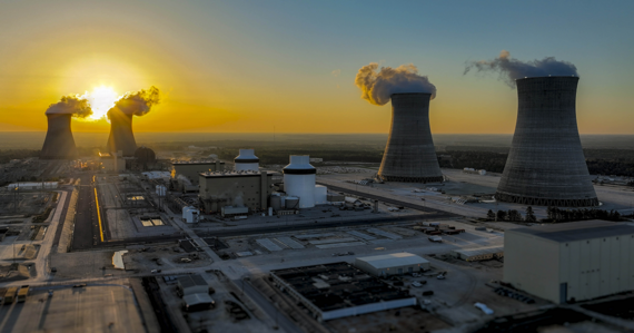Aerial shot of Plant Vogtle at sunrise