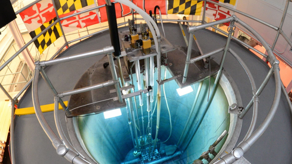 View inside the reactor pool at the University of Maryland with Maryland flags in the background.