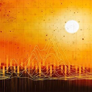 Line and bar graph with a smoky sun in the background