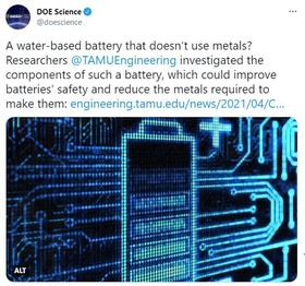 Tweet with an image of a battery about research on water-based metal-free batteries