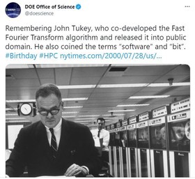 Tweet on John Tukey describing how he developed the Fast Fourier Transform algorithm with a photo of him