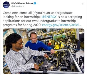 Tweet with a photo of two men working on a piece of flat equipment, describes the undergrad internship programs