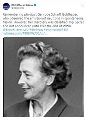Tweet on Gertrude Scharff Goldhaber with a black and white photo of her 
