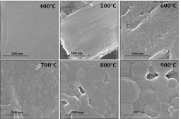 Six microscopic level photographs of a substance labeled 400, 500, 600, 700, 800, and 900 C showing grains of increasingly bigger sizes
