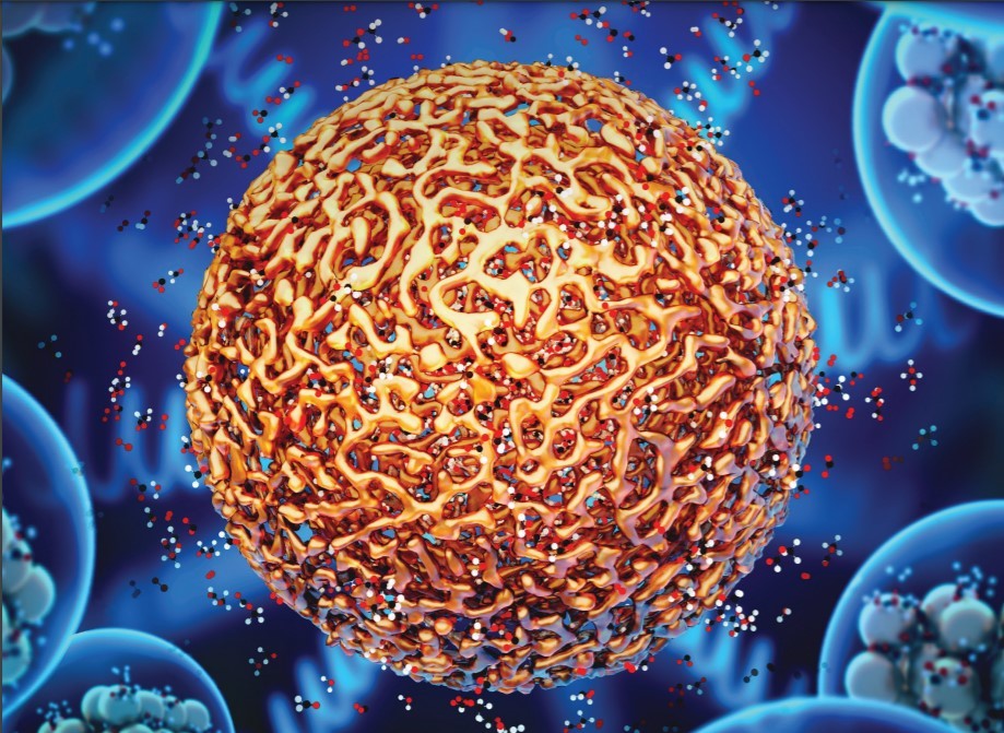 Orange sphere with blue molecules around it