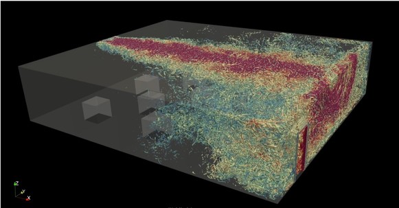 Computer simulation of air with different amounts of viral particles in it moving through a room - the largest amount is in the middle