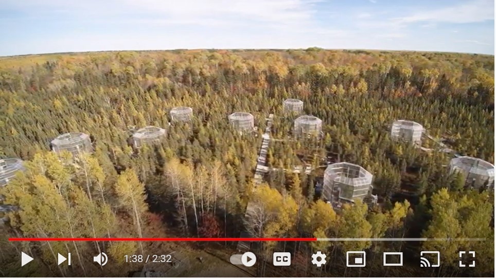 Screenshot of a video showing an aerial view of a forest with multiple glass greenhouses in it