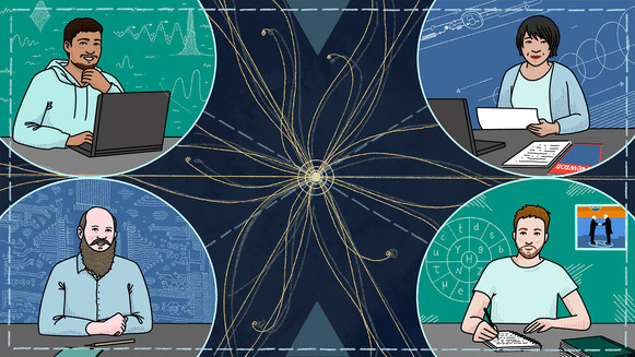 Illustration of four people (a Southeast Asian man, an Asian woman, and two white men) at desks with swirling particle tracks in the middle