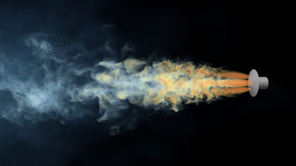 Image of an exhaust port letting off a plume of gas, with the plume being orange closest to the port, then yellow, then blue