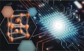 Illustration of a computer chip next to a blurred molecular structure that is similar to two cubes put together