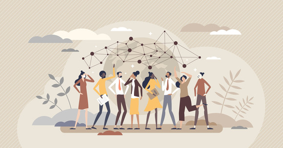 Illustration of a gender and racially-diverse group of people holding papers and below a network graphic