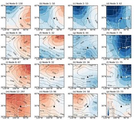 16 air pressure maps showing the relationship between heights and anomalies (colors) at 700 Hectopascal (hPa) of air pressure 