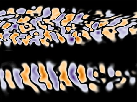 Contours of magnetic fields that appear as blobs of orange and purple in alternating stripes