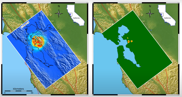 Two maps of the Bay Area in California, showing different versions of simulations of earthquakes