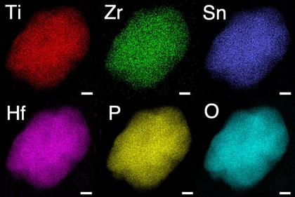 Scanning transmission electron microscope images that show the distribution of 6 elements: Ti, Zr, Sn, Hf, P, O