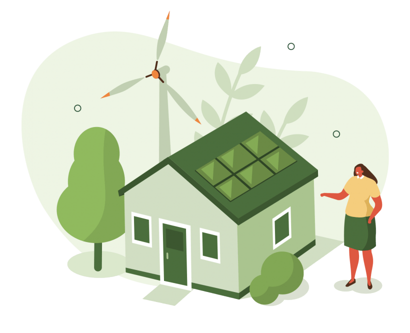 Cartoon of a person standing next to a house with solar panels and a wind turbine
