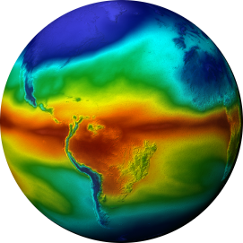 Computer simulation of the Earth focused on South America with swirling colors. Red is in the middle, going to yellow, green and blue