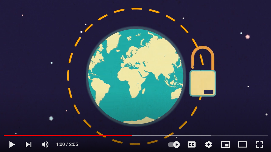 Screenshot of a video showing an illustrated globe with a dotted line around it and an unlocked padlock