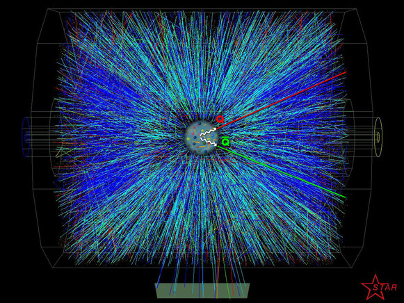 Computer reconstruction of tracks of particles coming out of the middle of a collision of nuclei.