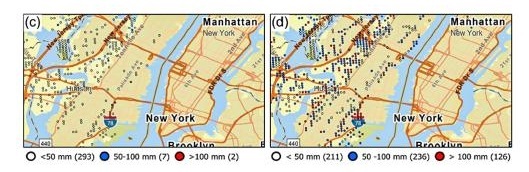 Maps of New York City and part of New Jersey showing flooding risk with many points marked at Jersey City.