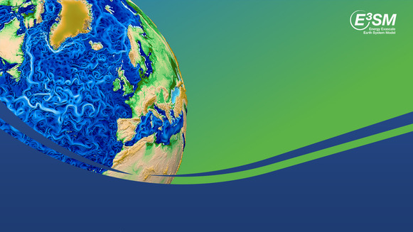 A computer simulation of the globe focused on the Atlantic ocean with the E3SM logo in the corner