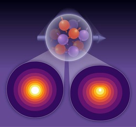 Illustration of a view inside a proton moving at nearly the speed of light toward the viewer that shows different distributions of quarks