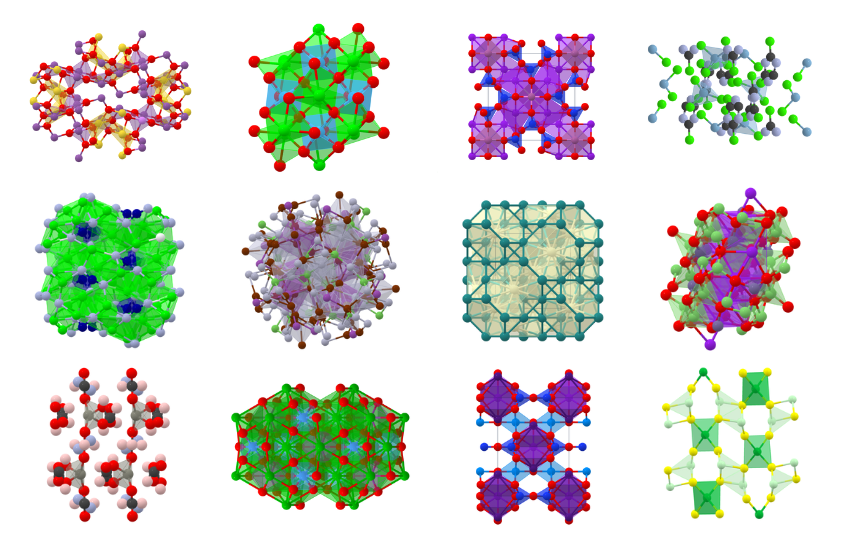 Chemical structures of 12 different materials, represented through stick and ball diagrams of different colors