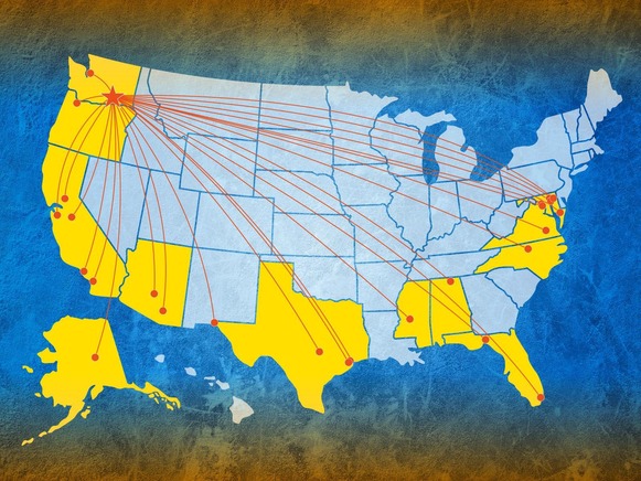 Map of the United States with a number of states highlighted and red lines drawn from Washington State to cities in them