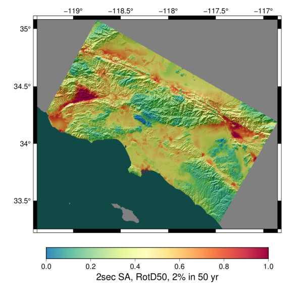 Topographical map of Southern California. There are different colors indicating likelihood of major earthquakes