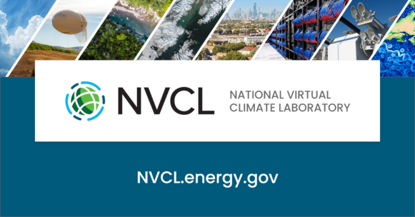 Collage of climate-related pictures and text of NVCL: National Virtual Climate Laboratory