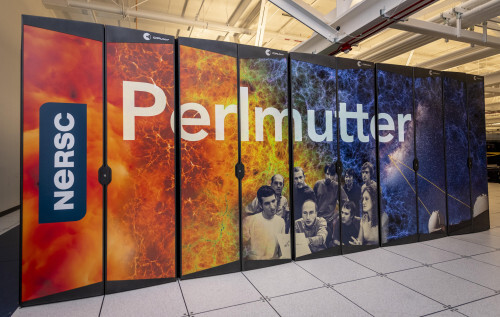 The cabinet of the Perlmutter supercomputer at NERSC, which has a photo of researchers around a computer and a representation of a supernova