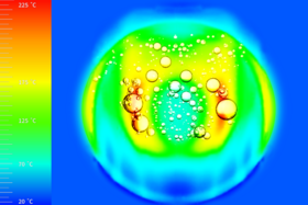 Simulation of subcooled flow boiling. It shows the coolest temperatures on the outside and bubbles in the hottest areas in a ring around the middle.
