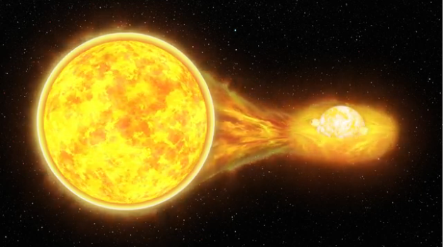 Illustration of a neutron star sucking material off of a nearby star