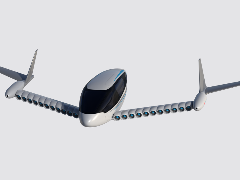 Illustration of a proposed electric jet, with many fans along the edges of the wings