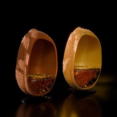 Computer image of two seeds of camelina, one with a yellow shell and one with a brown one. The yellow shell has somewhat more oil inside of it.