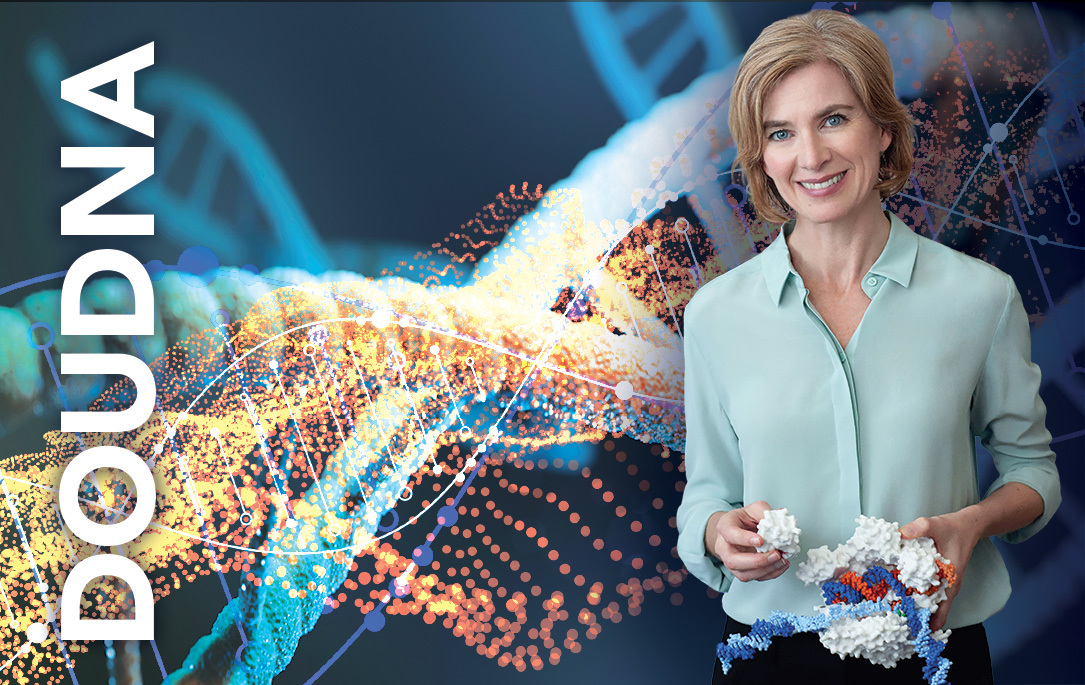 Photo of Jennifer Doudna holding a molecular model in front of an abstract representation of DNA with the word Doudna next to her