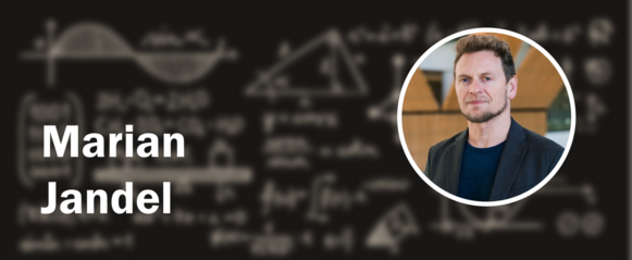 Headshot of Marian Jandel with his name in front of a blurred chalkboard background