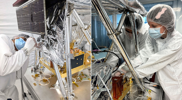 Two photos of technicians working to put together pieces of the Lu-SEE-Night telescope