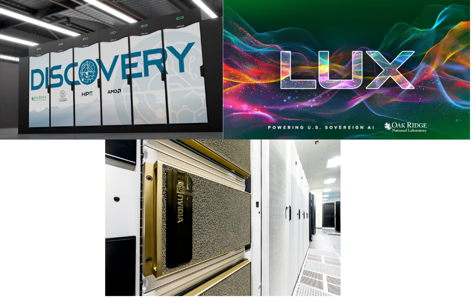 Collage of an illustration of the future Discovery computer, the Lux logo and NVIDIA panels on a computing cabinet